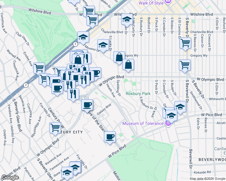 map of restaurants, bars, coffee shops, grocery stores, and more near 429 Shirley Place in Beverly Hills