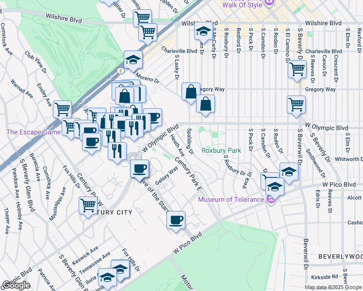 map of restaurants, bars, coffee shops, grocery stores, and more near 431 Shirley Place in Beverly Hills