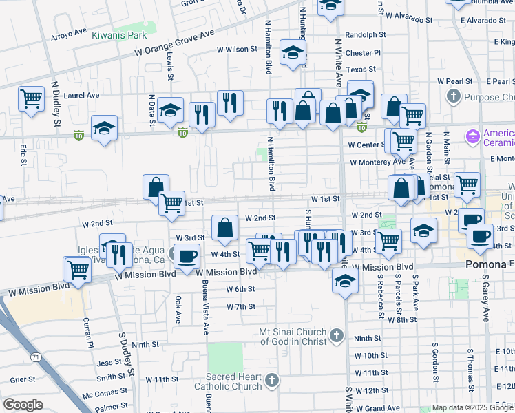 map of restaurants, bars, coffee shops, grocery stores, and more near 1132 West 1st Street in Pomona