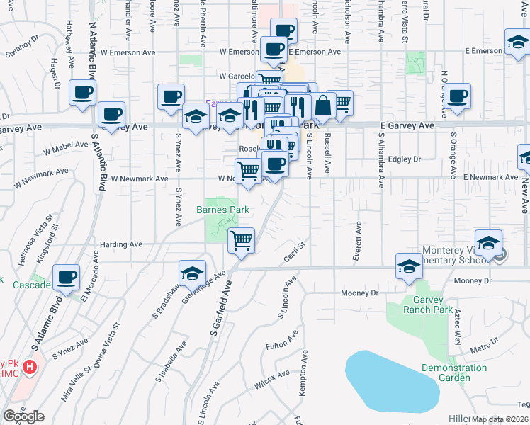 map of restaurants, bars, coffee shops, grocery stores, and more near 401 South Garfield Avenue in Monterey Park