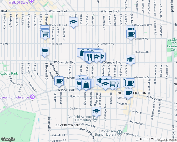 map of restaurants, bars, coffee shops, grocery stores, and more near 438 South Palm Drive in Beverly Hills