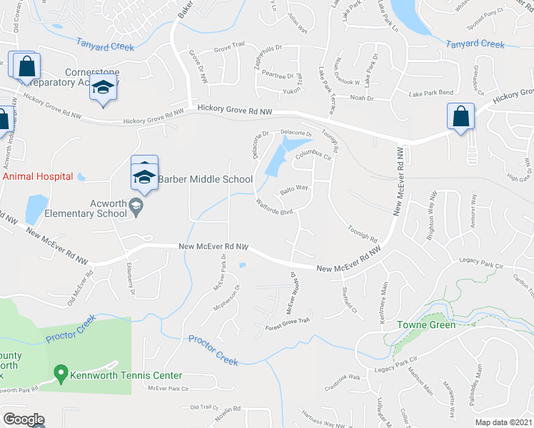 map of restaurants, bars, coffee shops, grocery stores, and more near 4359 Walforde Boulevard Northwest in Acworth