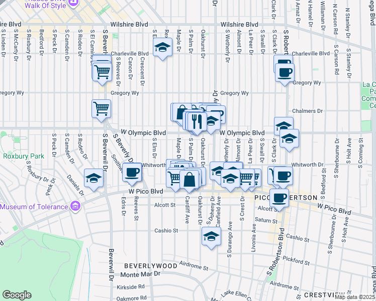 map of restaurants, bars, coffee shops, grocery stores, and more near 461 1/2 South Palm Drive in Beverly Hills