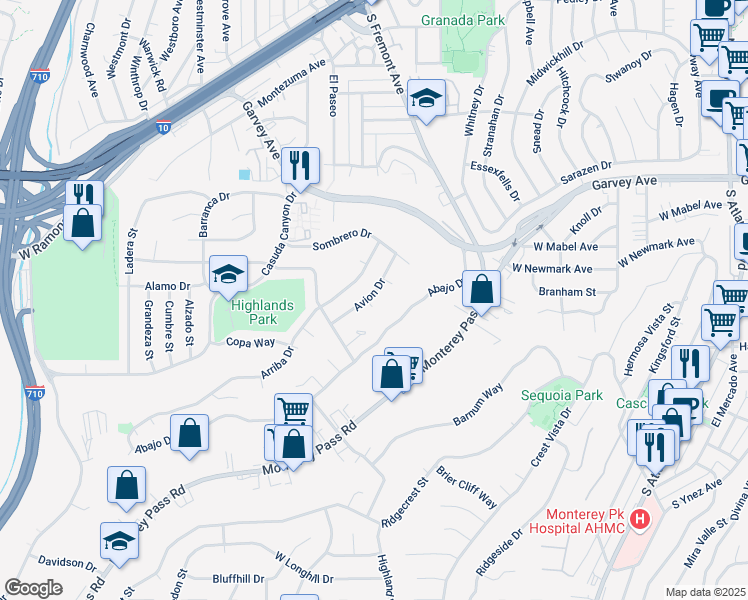 map of restaurants, bars, coffee shops, grocery stores, and more near 1469 Abajo Drive in Monterey Park