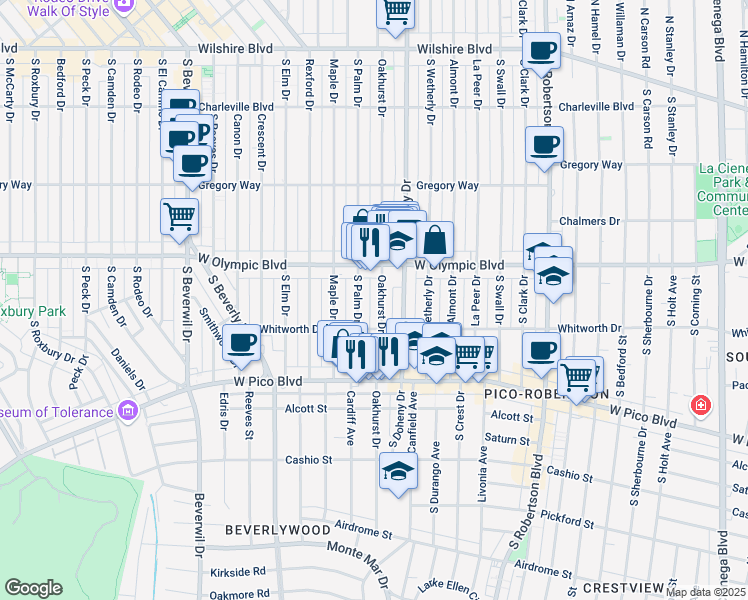 map of restaurants, bars, coffee shops, grocery stores, and more near 439 South Oakhurst Drive in Beverly Hills