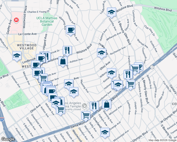 map of restaurants, bars, coffee shops, grocery stores, and more near 10640 Rochester Avenue in Los Angeles