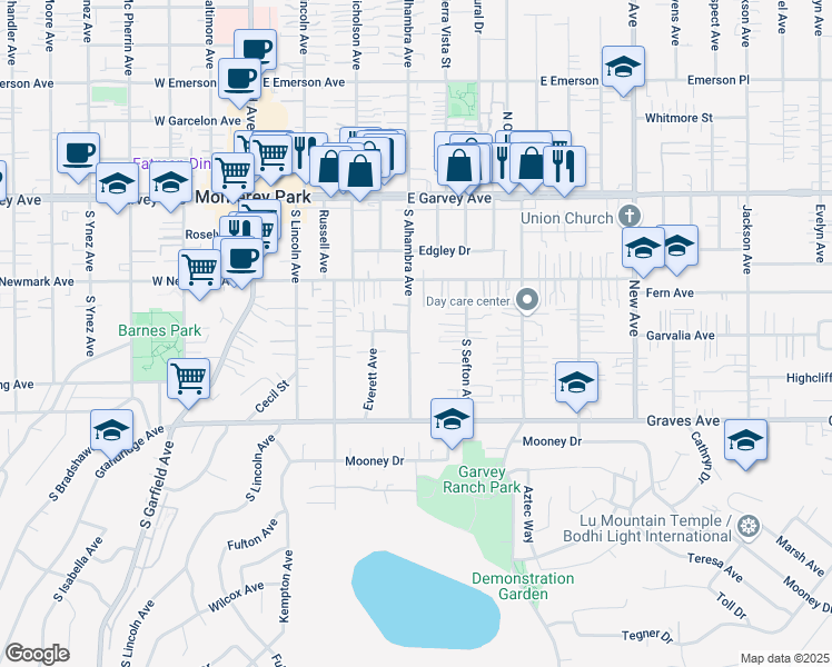 map of restaurants, bars, coffee shops, grocery stores, and more near 400 South Alhambra Avenue in Monterey Park