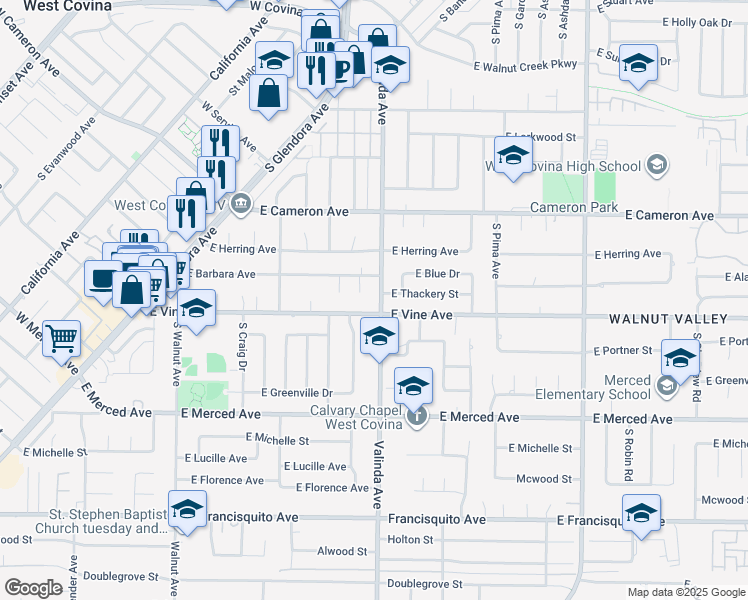 map of restaurants, bars, coffee shops, grocery stores, and more near in West Covina