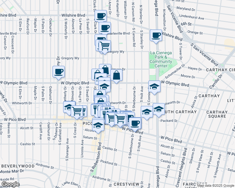 map of restaurants, bars, coffee shops, grocery stores, and more near 1060 South Shenandoah Street in Los Angeles