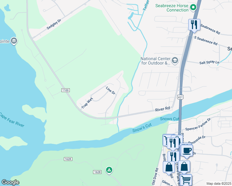 map of restaurants, bars, coffee shops, grocery stores, and more near 9333 Line Drive in Wilmington