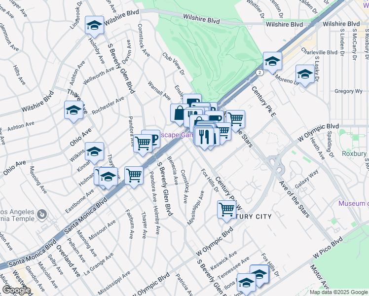 map of restaurants, bars, coffee shops, grocery stores, and more near 1825 Fox Hills Drive in Los Angeles