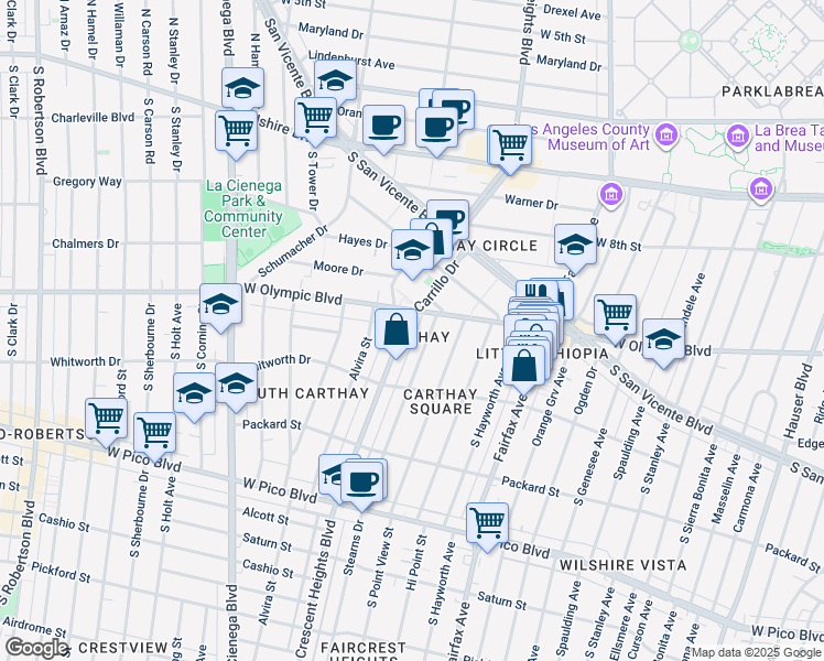 map of restaurants, bars, coffee shops, grocery stores, and more near 1018 South Crescent Heights Boulevard in Los Angeles