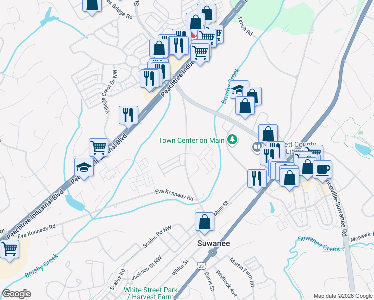 map of restaurants, bars, coffee shops, grocery stores, and more near 4129 Stonecypher Road in Suwanee