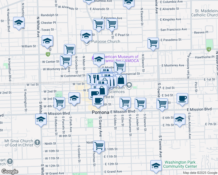 map of restaurants, bars, coffee shops, grocery stores, and more near 224 East 2nd Street in Pomona
