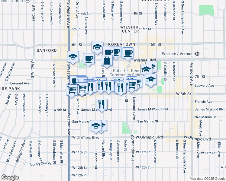 map of restaurants, bars, coffee shops, grocery stores, and more near 758 South Kingsley Drive in Los Angeles
