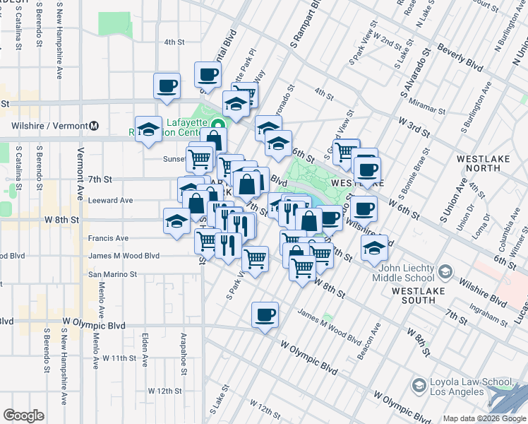 map of restaurants, bars, coffee shops, grocery stores, and more near West 7th Street in Los Angeles