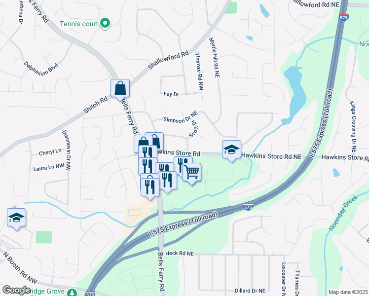 map of restaurants, bars, coffee shops, grocery stores, and more near 118 Hawkins Store Road Northeast in Kennesaw