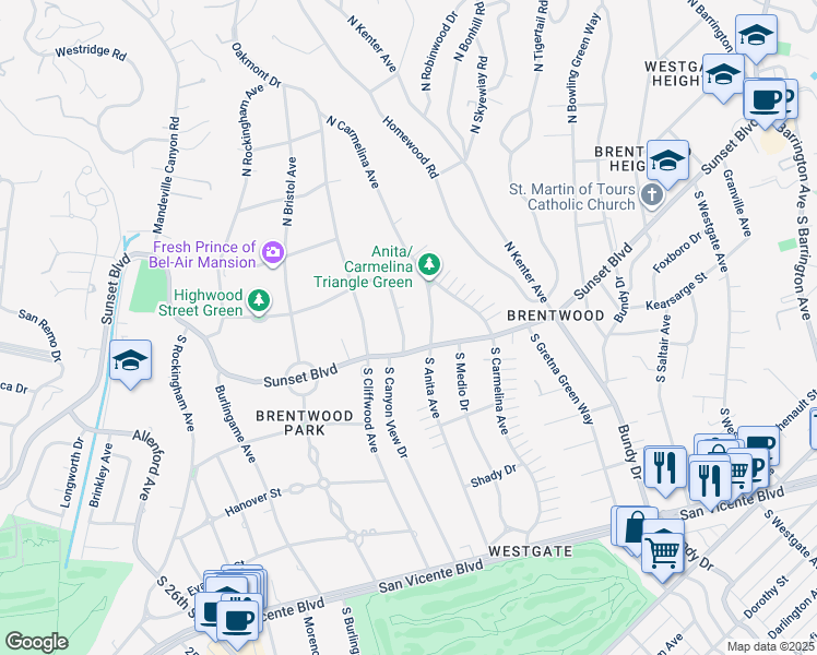 map of restaurants, bars, coffee shops, grocery stores, and more near 126 North Canyon View Drive in Los Angeles