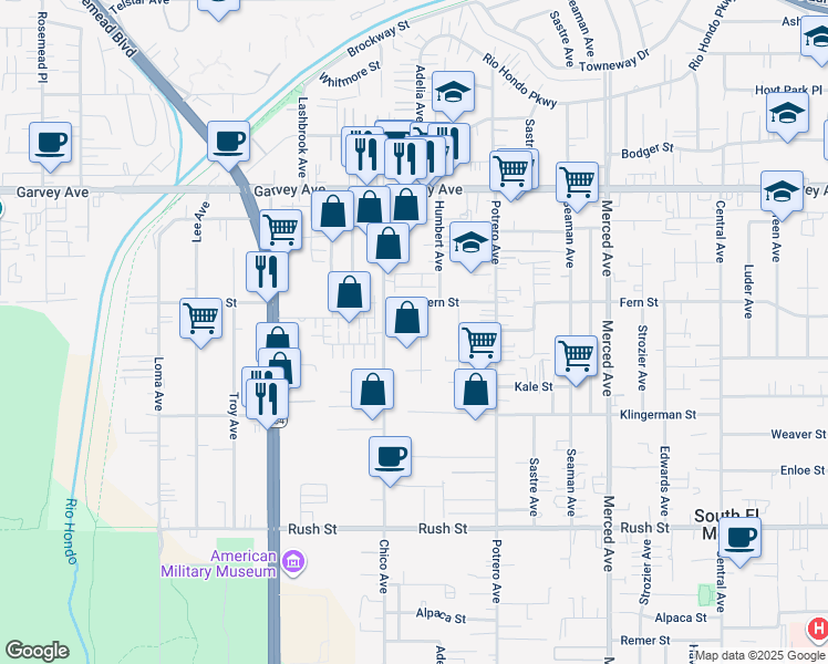 map of restaurants, bars, coffee shops, grocery stores, and more near 2509 Adelia Avenue in South El Monte