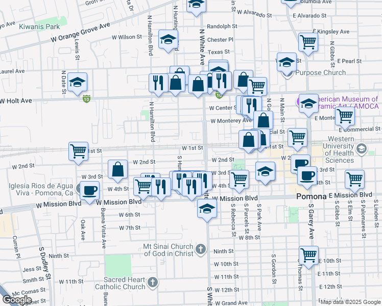 map of restaurants, bars, coffee shops, grocery stores, and more near 960 West 1st Street in Pomona