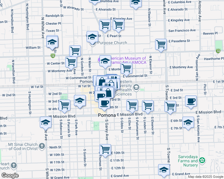 map of restaurants, bars, coffee shops, grocery stores, and more near 135 East 2nd Street in Pomona