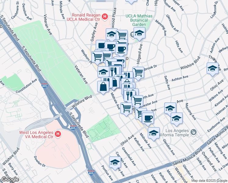 map of restaurants, bars, coffee shops, grocery stores, and more near 10933 Ashton Avenue in Los Angeles