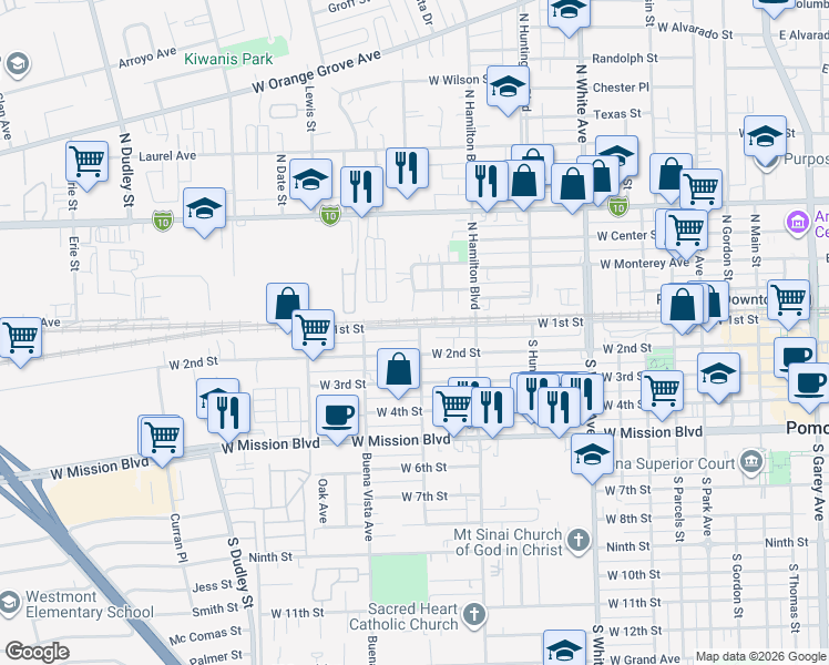map of restaurants, bars, coffee shops, grocery stores, and more near 1181 West 2nd Street in Pomona