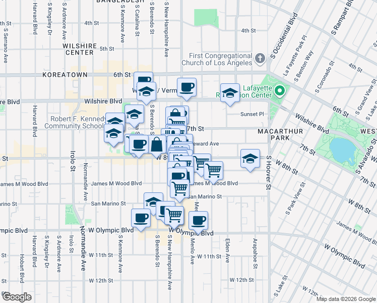 map of restaurants, bars, coffee shops, grocery stores, and more near 2971 West 8th Street in Los Angeles