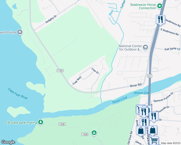 map of restaurants, bars, coffee shops, grocery stores, and more near 7819 Chip Shot Way in Wilmington