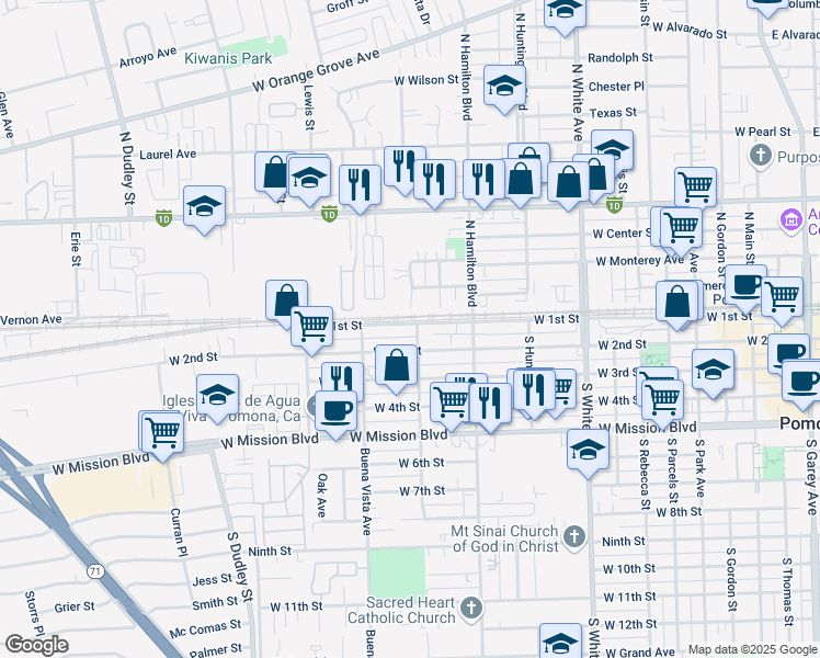 map of restaurants, bars, coffee shops, grocery stores, and more near 1181 West 2nd Street in Pomona