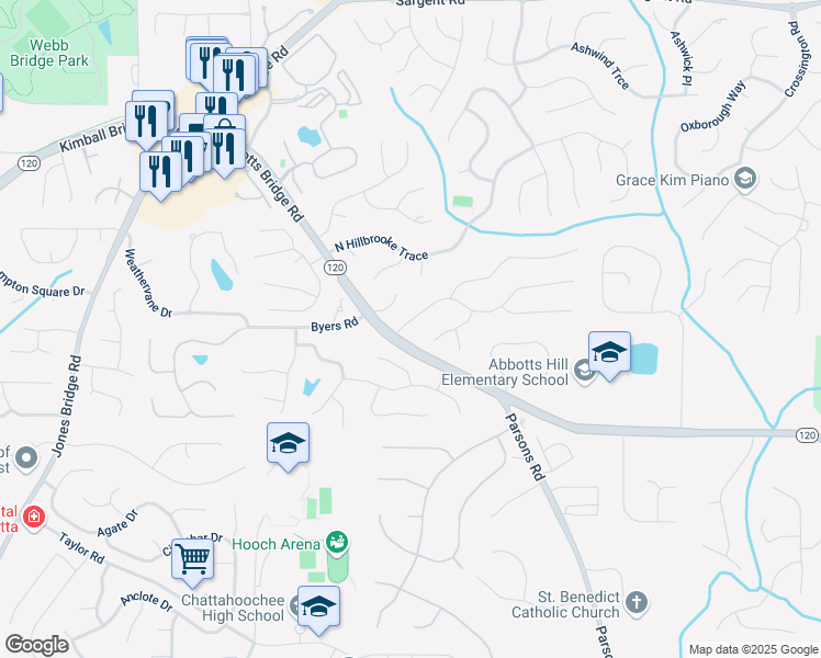 map of restaurants, bars, coffee shops, grocery stores, and more near 115 Westbury Lane in Alpharetta
