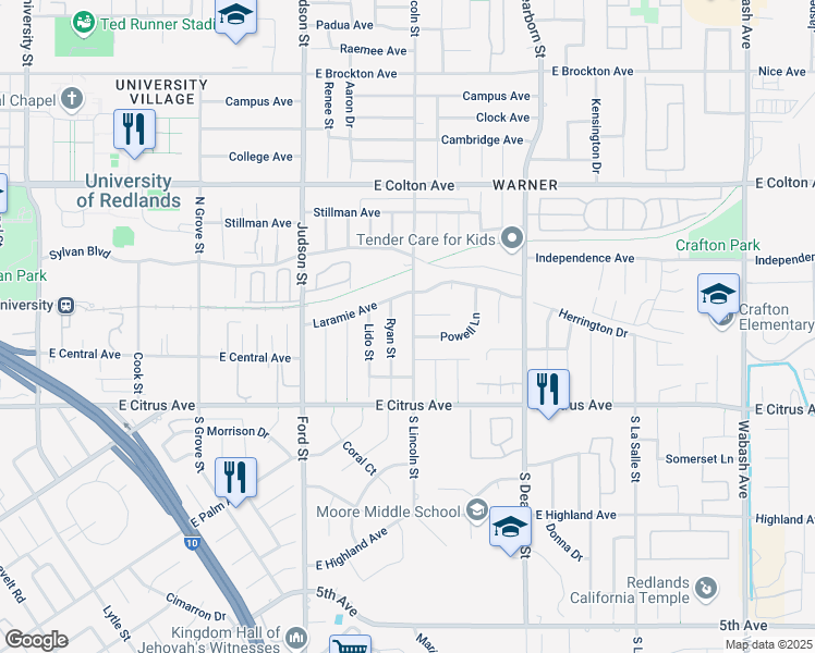 map of restaurants, bars, coffee shops, grocery stores, and more near 321 North Lincoln Street in Redlands