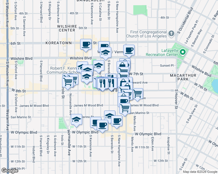 map of restaurants, bars, coffee shops, grocery stores, and more near 801 South Berendo Street in Los Angeles