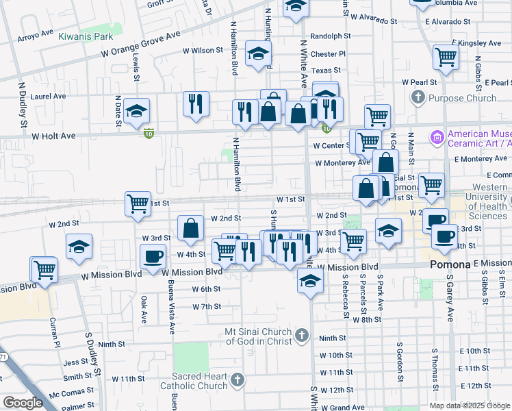 map of restaurants, bars, coffee shops, grocery stores, and more near 1036 West 2nd Street in Pomona