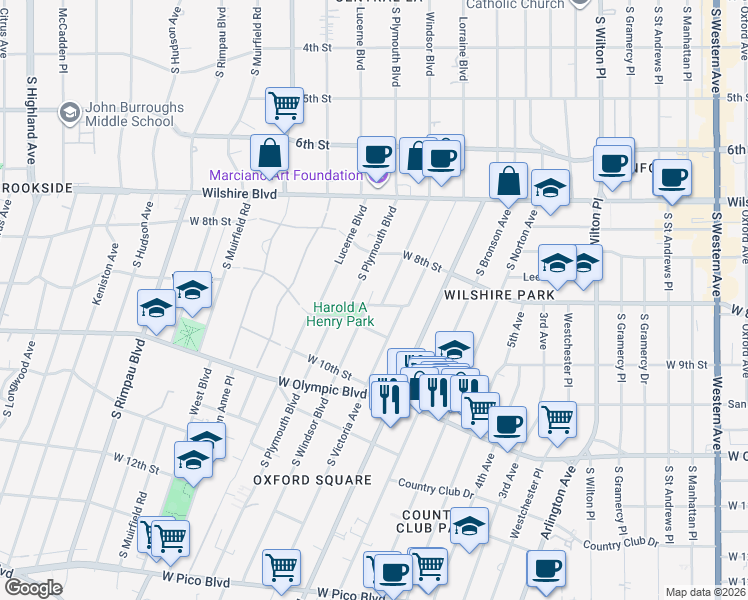 map of restaurants, bars, coffee shops, grocery stores, and more near 861 South Windsor Boulevard in Los Angeles