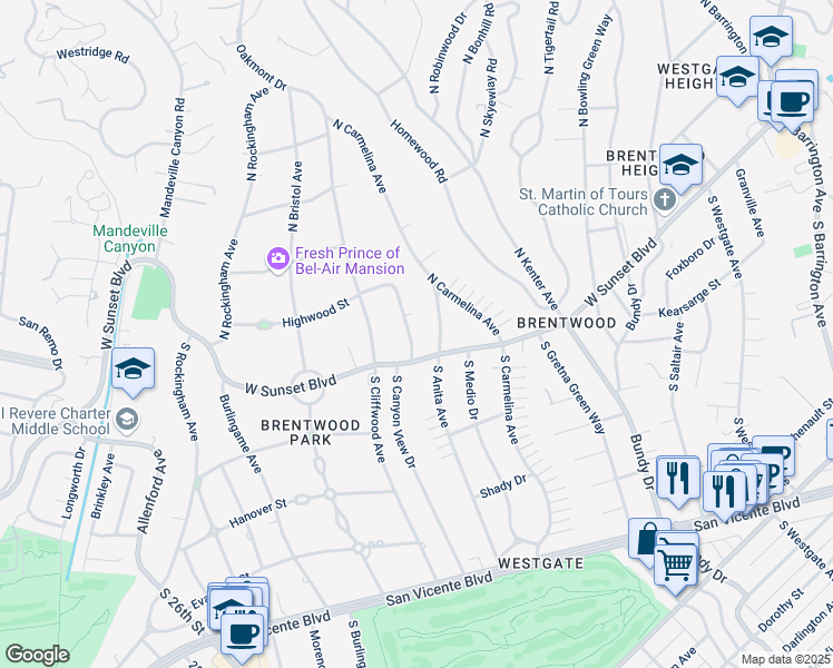 map of restaurants, bars, coffee shops, grocery stores, and more near 126 North Canyon View Drive in Los Angeles