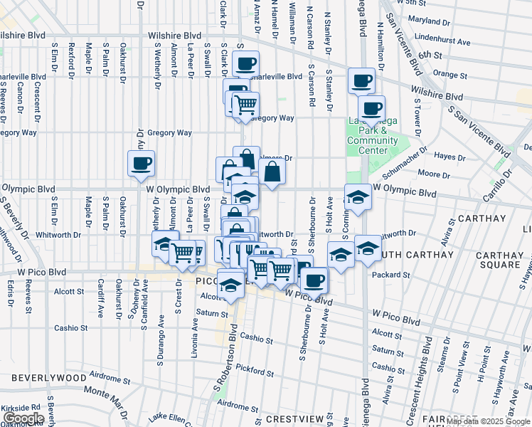 map of restaurants, bars, coffee shops, grocery stores, and more near 1060 South Shenandoah Street in Los Angeles
