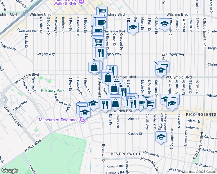map of restaurants, bars, coffee shops, grocery stores, and more near 458 Smithwood Drive in Beverly Hills
