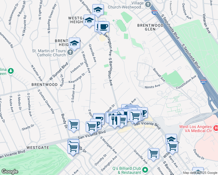 map of restaurants, bars, coffee shops, grocery stores, and more near 555 South Barrington Avenue in Los Angeles