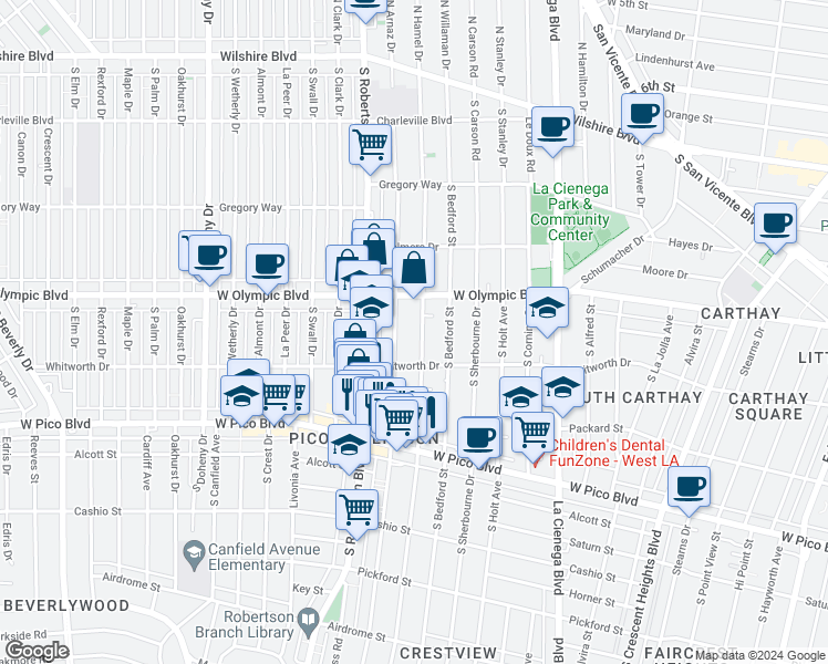 map of restaurants, bars, coffee shops, grocery stores, and more near 1037 South Shenandoah Street in Los Angeles