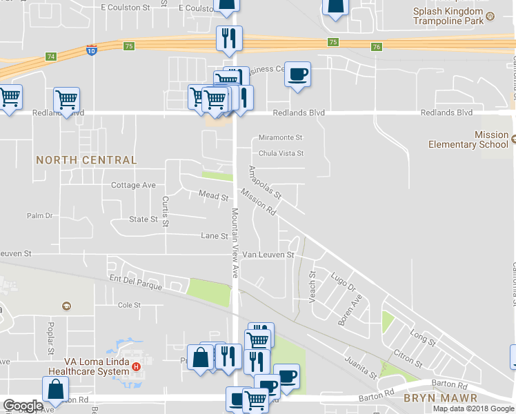 map of restaurants, bars, coffee shops, grocery stores, and more near 25775 Mission Road in Loma Linda
