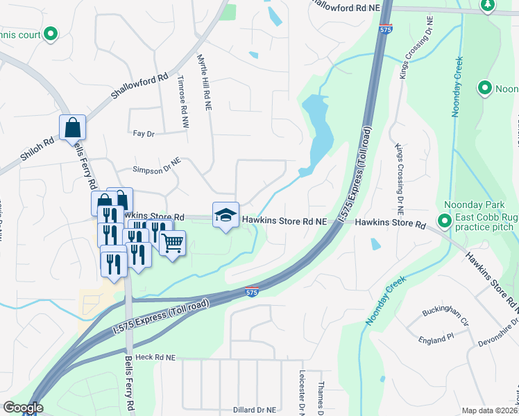 map of restaurants, bars, coffee shops, grocery stores, and more near 92 Hawkins Store Road Northeast in Kennesaw