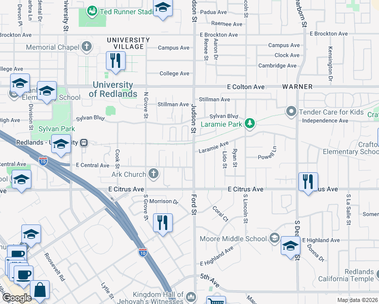map of restaurants, bars, coffee shops, grocery stores, and more near 217 Judson Street in Redlands