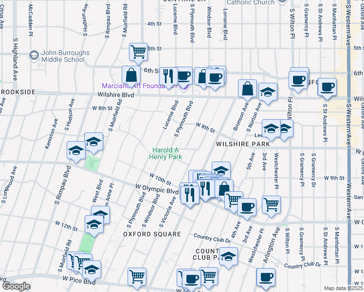 map of restaurants, bars, coffee shops, grocery stores, and more near 892 South Windsor Boulevard in Los Angeles