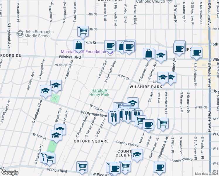 map of restaurants, bars, coffee shops, grocery stores, and more near 861 South Windsor Boulevard in Los Angeles