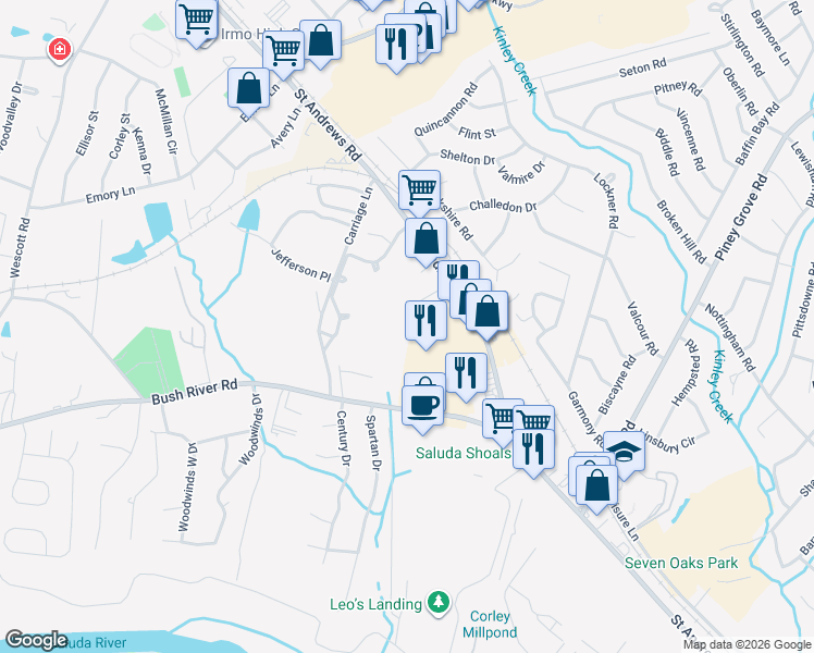 map of restaurants, bars, coffee shops, grocery stores, and more near 250 Jimmy Love Lane in Columbia
