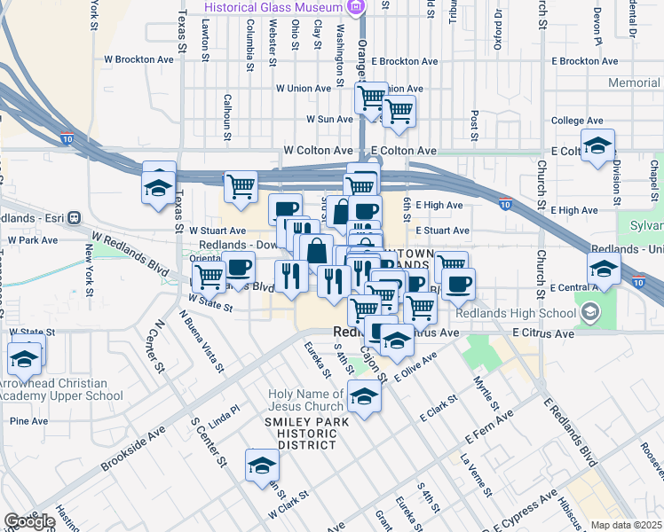 map of restaurants, bars, coffee shops, grocery stores, and more near 330 3rd Street in Redlands