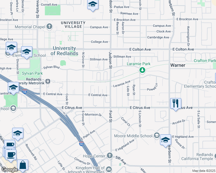 map of restaurants, bars, coffee shops, grocery stores, and more near 204 Craig Court in Redlands