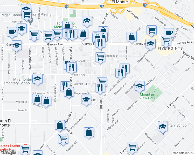 map of restaurants, bars, coffee shops, grocery stores, and more near 11195 Schmidt Road in El Monte