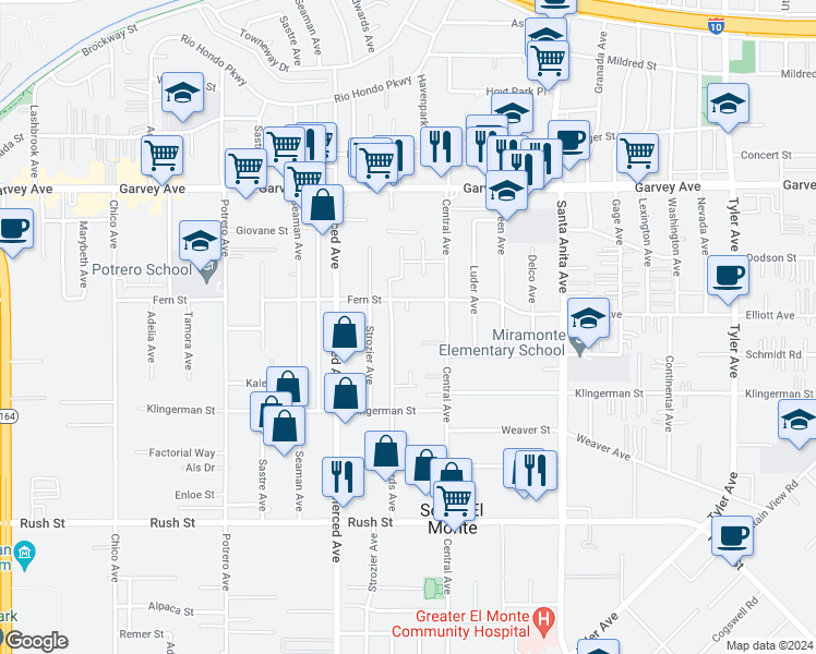 map of restaurants, bars, coffee shops, grocery stores, and more near 2500 Edwards Avenue in South El Monte